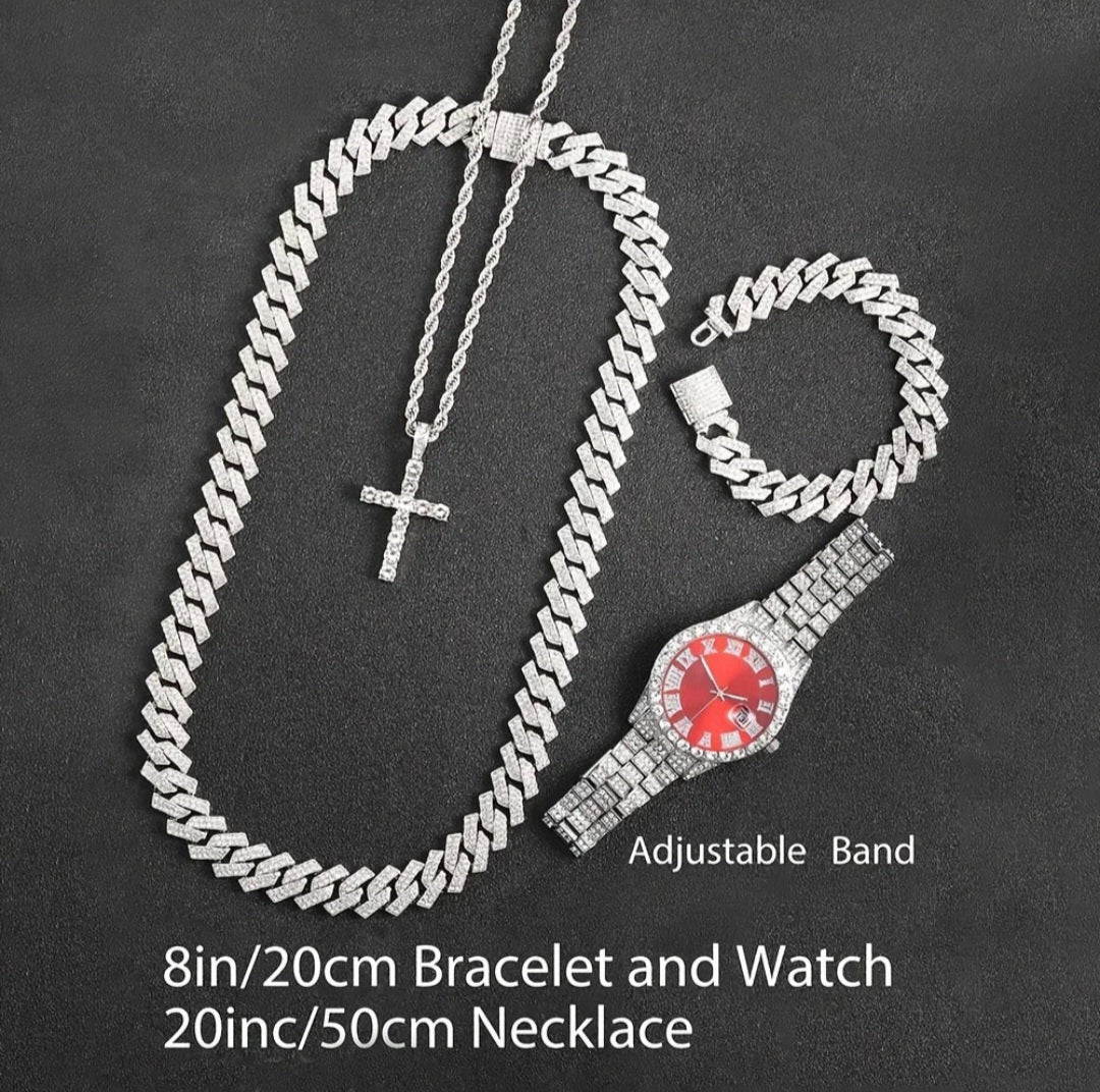 4-Peice Iced Out Watch & Cuban Chain, Bracelet And Cross Bundle Set