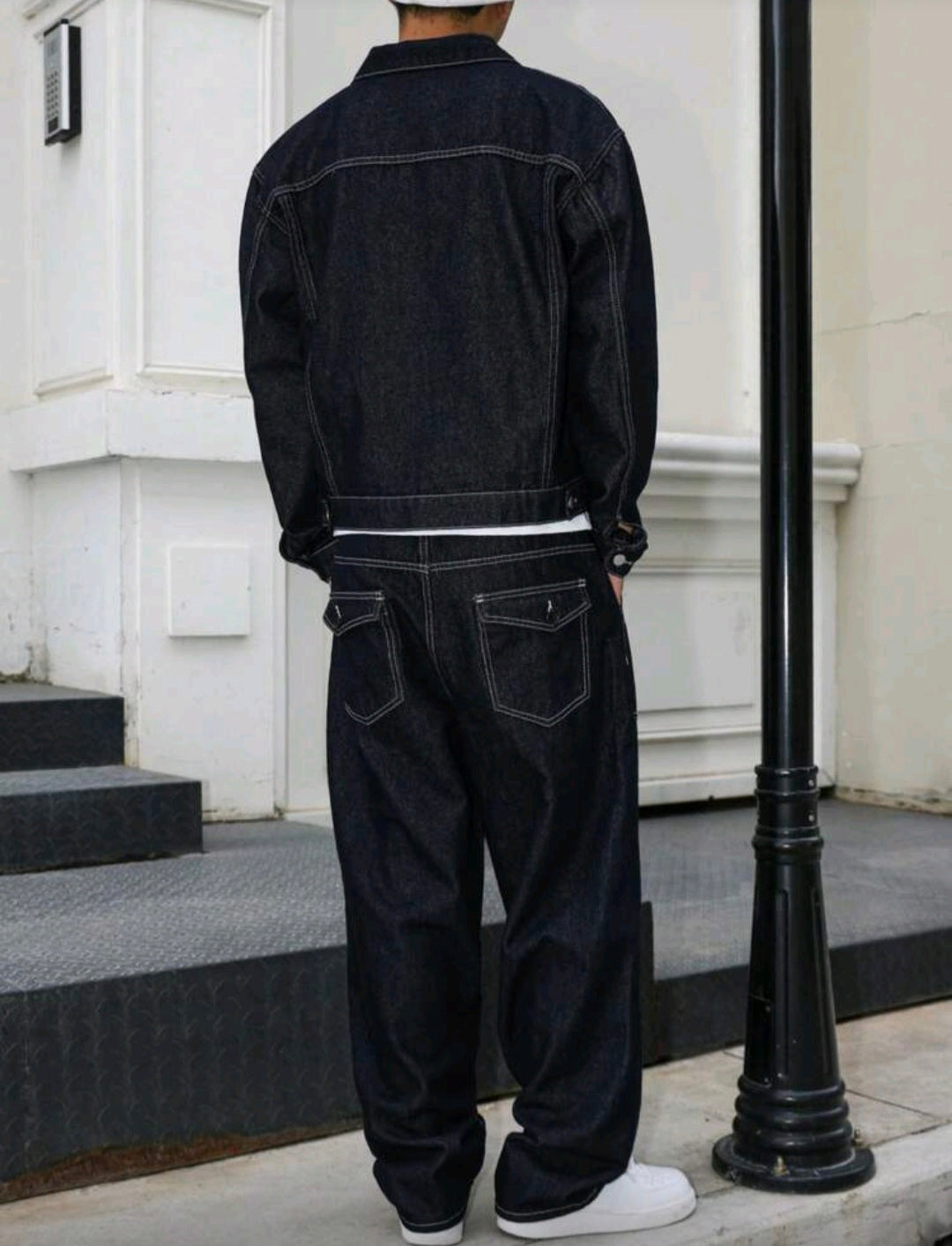 Mens Dark Blue Denim 2 peice set, casual jacket and lose fit pants