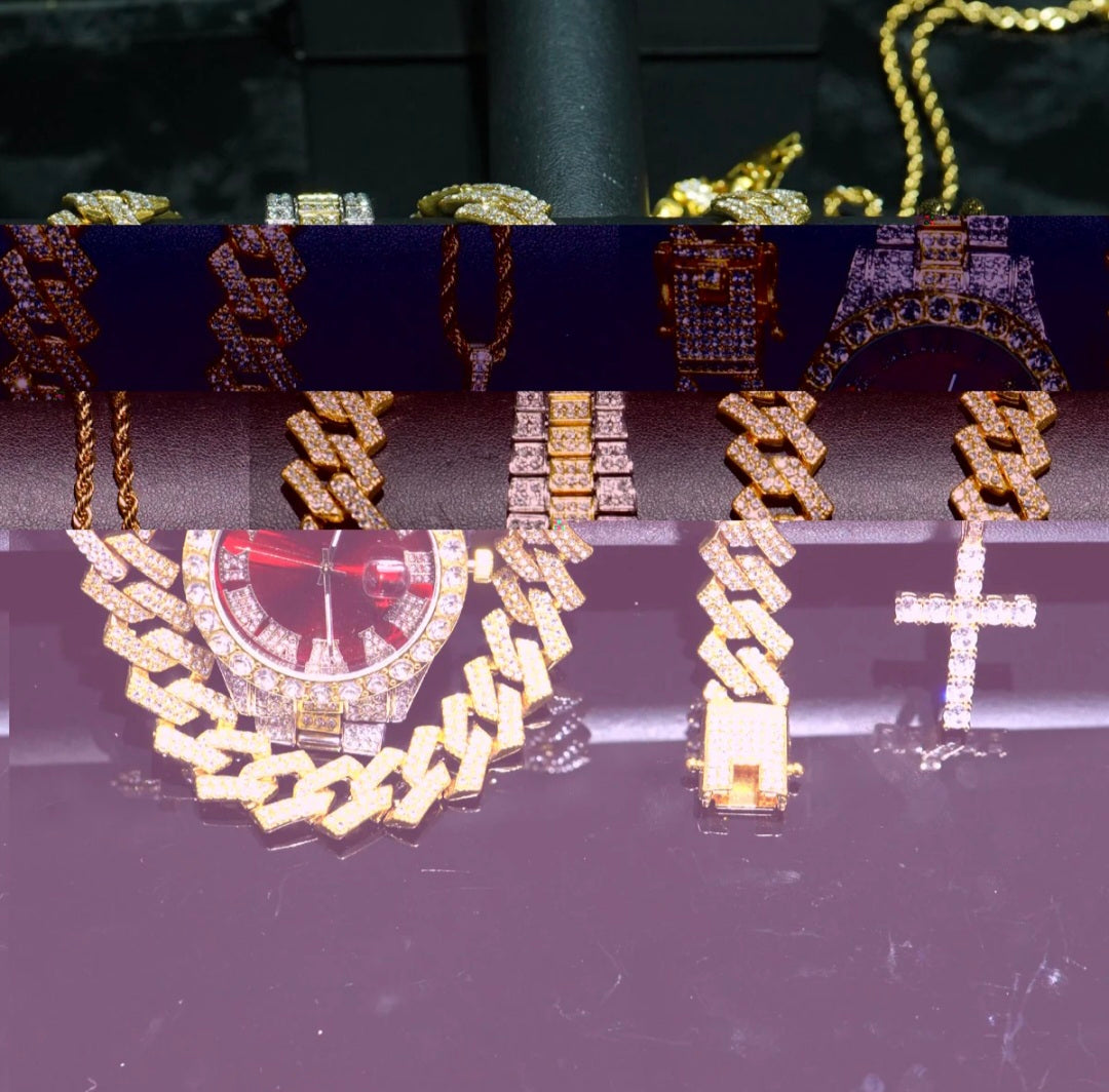 4-Peice Iced Out Watch & Cuban Chain, Bracelet And Cross Bundle Set