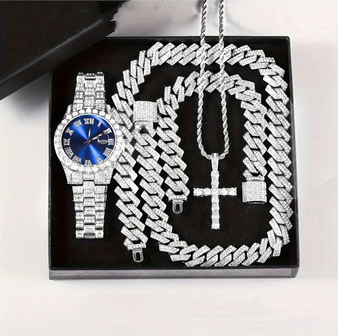 4-Peice Iced Out Watch & Cuban Chain, Bracelet And Cross Bundle Set