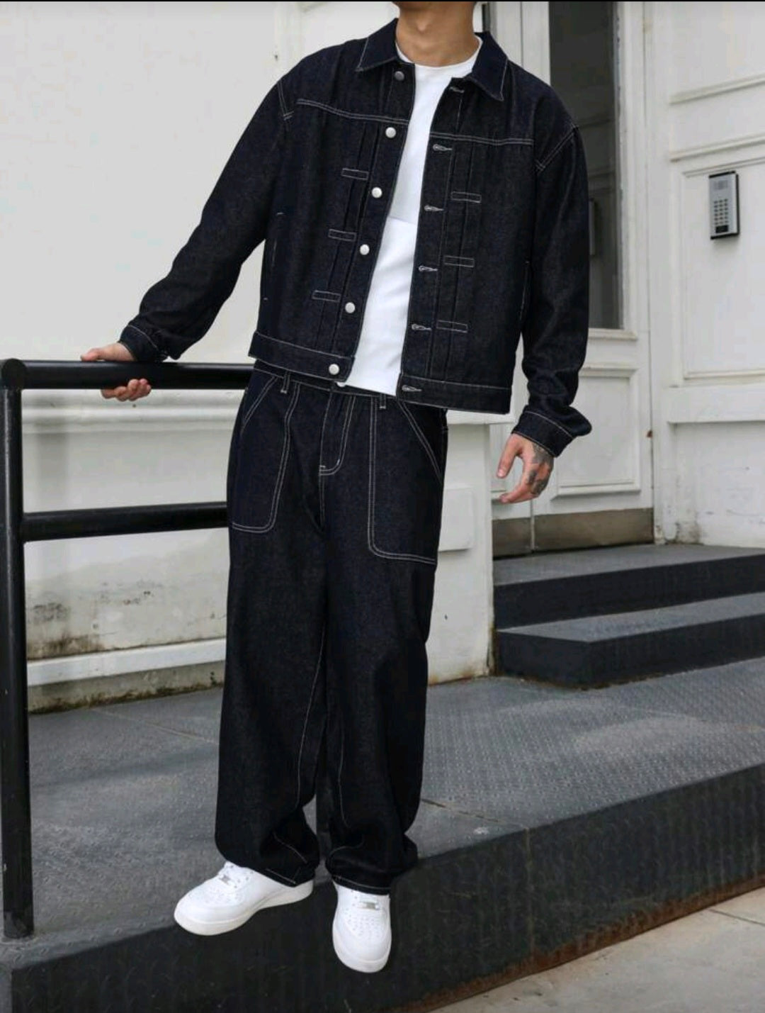 Mens Dark Blue Denim 2 peice set, casual jacket and lose fit pants