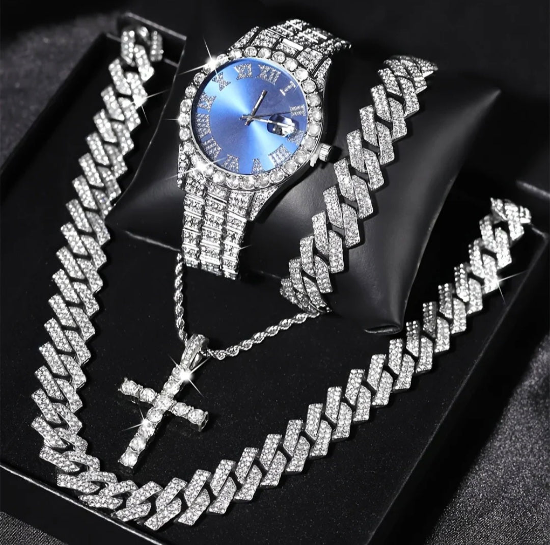 4-Peice Iced Out Watch & Cuban Chain, Bracelet And Cross Bundle Set