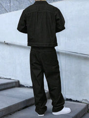 Mens Dark Blue Denim 2 peice set, casual jacket and lose fit pants