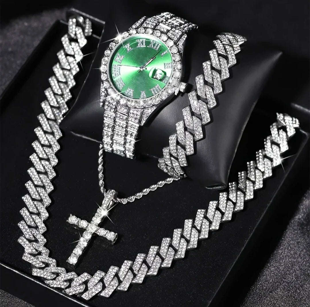 4-Peice Iced Out Watch & Cuban Chain, Bracelet And Cross Bundle Set