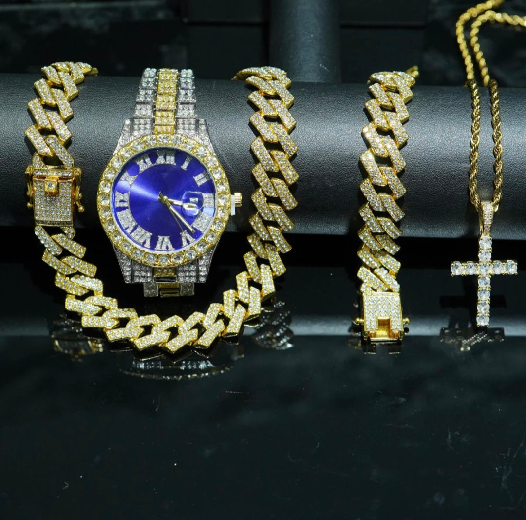 4-Peice Iced Out Watch & Cuban Chain, Bracelet And Cross Bundle Set