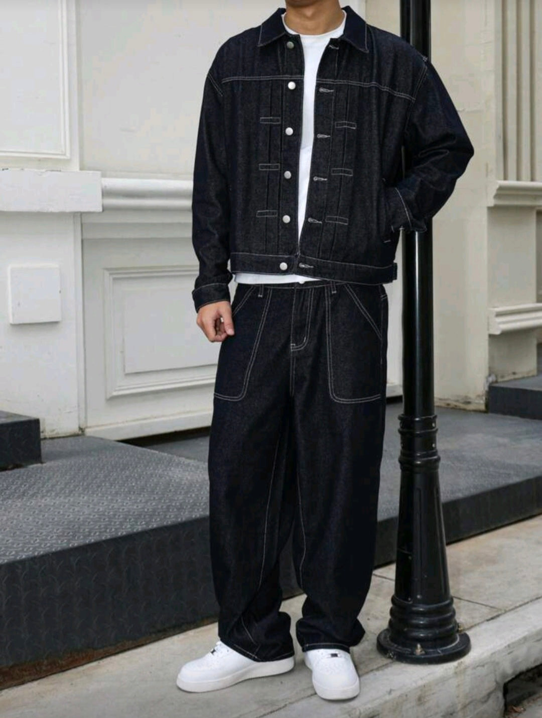 Mens Dark Blue Denim 2 peice set, casual jacket and lose fit pants